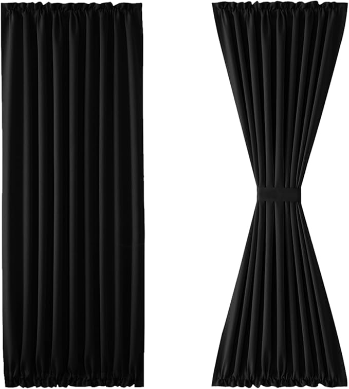 DWCN French Door Curtain - Rod Pocket Thermal Blackout Panel for Glass Window, Kitchen and Patio - Privacy, 54 X 80 Inches Long, 1 Panel With Tieback, Black