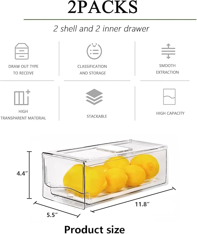 2 Pack Fruit Storage Containers for Fridge with Drain Board, Stackable Refrigerator Organizers and Storage,Reusable Food Storage Containers,Fridge Organizer Drawer for Produce,Fruit,Vegetable,BPA-Free