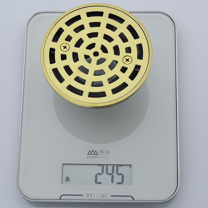 RANDOM Round Shower Drain SUS304 Stainless Steel Brushed Gold Shower Drain 4 inch with Adjustable PVC Base Flange,Shower Floor Drain with Removable Cover Grid Grate