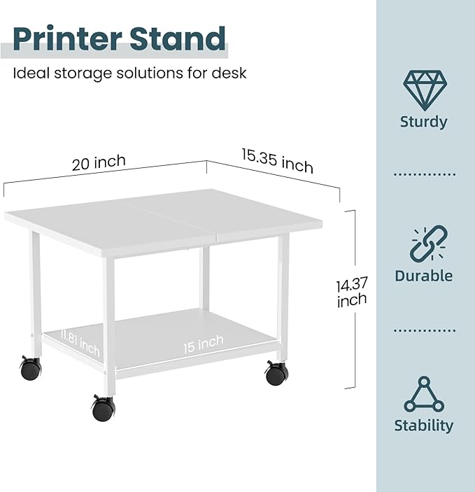 Printer Stand with Storage Under Desk Shelf, Desktop Printer Stand Organizer, Rolling Printer Cart Storage Paper Files Holder for Desk, Office, Home, (White)