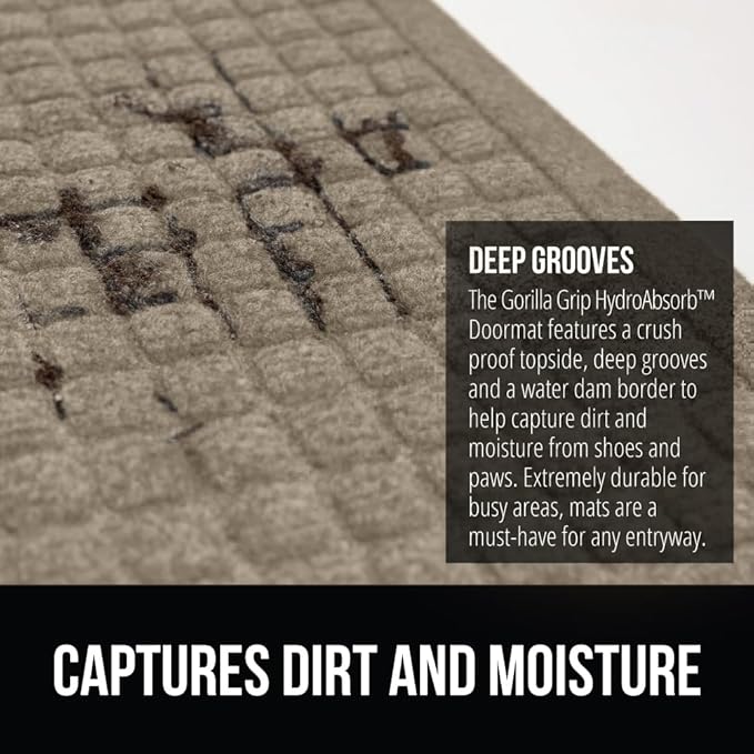 GORILLA GRIP Front Door Mat, 35x23, Indoor Outdoor Ultra Absorbent HydroAbsorb Doormat, Absorbs Up to 5.7 Cups of Water, Stain and Fade Resistant, Rubber Backing Doormats, Captures Dirt, Beige
