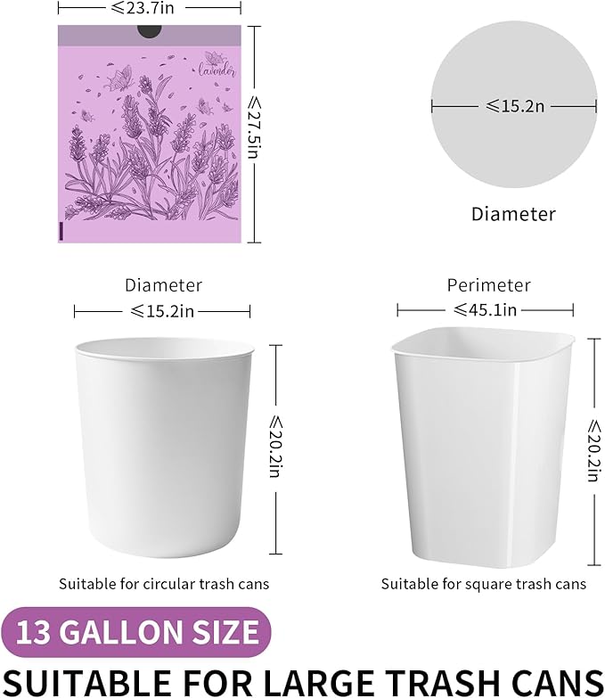 VOK 13 Gallon Trash Bags with Lavender Print & Drawstring, Tear-Resistant Tall Kitchen Garbage Bags, Heavy-Duty Kitchen Trash Bags for Home, 50 Counts