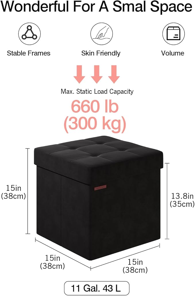 Folding Storage Ottoman, Velvet Storage Bench, Footrest, Footstool, for Living Room, Bedroom and Office,15 x 15 x 15 Inches, 300 kg Load Capacity, Ink Black,UASND04B