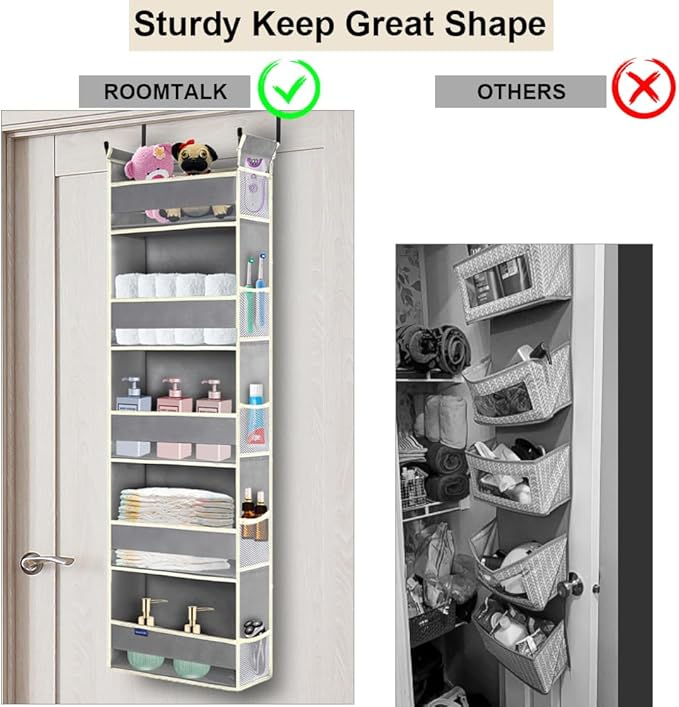 Over The Door Organizer 5-Shelves and 10 Side Pockets, Over The Door Storage for Bathroom Bedroom Nursery, Hanging Door Organizer for Baby Diapers and Kids Toys (13"x5"x44", Grey)