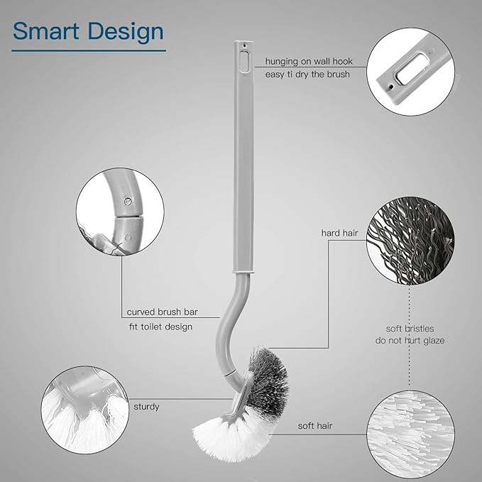2Pcs Toilet Brush, Slim Compact Bathroom Toilet Scrubber No Dead Corners Silicone Toilet Brush, Curved Design Angled Toilet Cleaner Brush Scrubber for Deep Cleaning