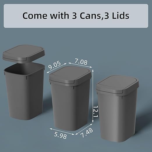 3 Pack Bathroom Small Trash Can with Lid, 2.6 Gallon Slim Garbage Bin with Pop-Up Lid, 10L Plastic Wastebasket for Bedroom, Office, Kitchen, Toilet (Gray)