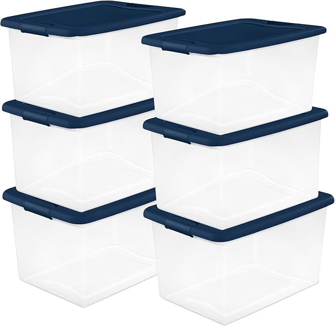 Sterilite 24-Pack Color Program, Large Clear Plastic Storage Bins with Lids, 64 Quart, Blue - Stackable Organizing Container Boxes for Closet, Bathroom, and Office