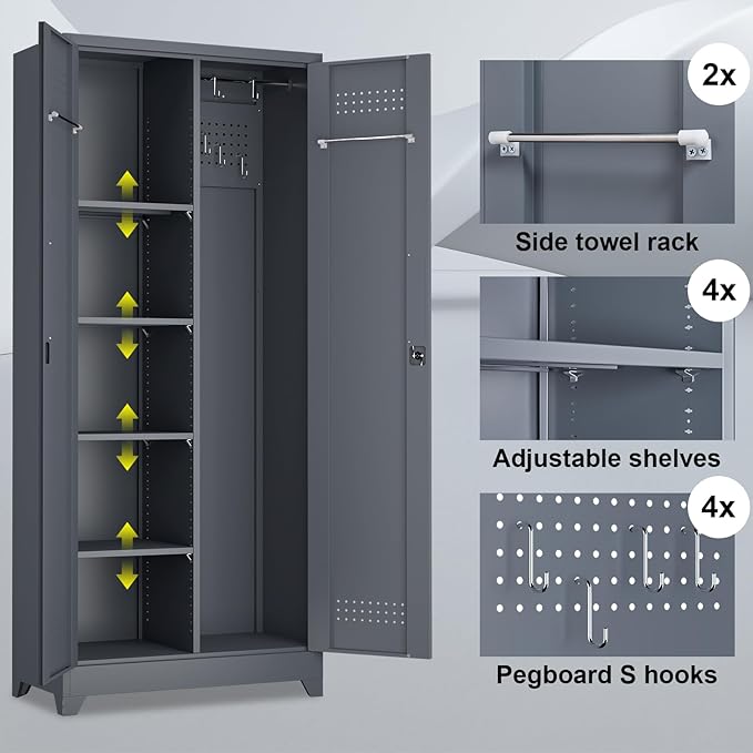 Metal Tool Storage Cabinet, Broom Closet with Hooks, 72.8" Tall Garage Cabinet with Shelves, Heavy-Duty Cleaning Storage for Utility Room, Gym, Office, Garage