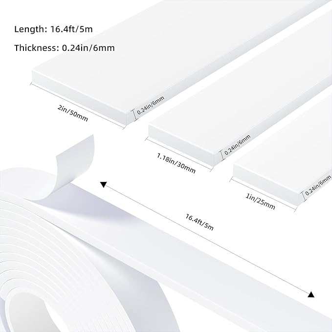 Weather Stripping Door Seal White,Self Adhesive Foam Tape,Window Insulation Weatherproof Gasket Tape for Doors and Windows,1.18 Inch Wide X 1/4 Inch Thick,Total 16.4 Feet Long