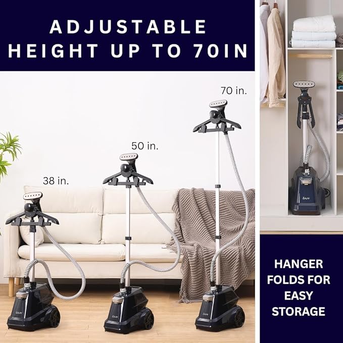 SALAV Commercial-Grade Standing Garment Steamer for Clothes with Auto-Off Safety 1800W Powerful Steam X-Large 3L Water Tank, 90-Min Continuous Use, Pedal-Control System, Beeps when Out of Water, Navy