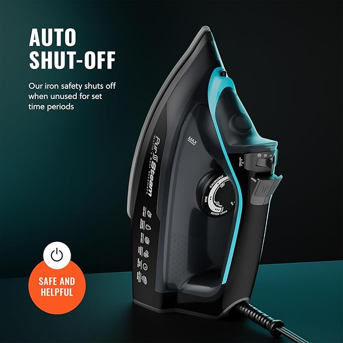 Pursteam SteamBurst+ 1750W Steam Iron, Ceramic Soleplate, Adjustable Steam, Burst of Steam, Self-Clean, Anti-Calc, Anti-Drip, Powerful & Long-Lasting Steam for All Fabrics