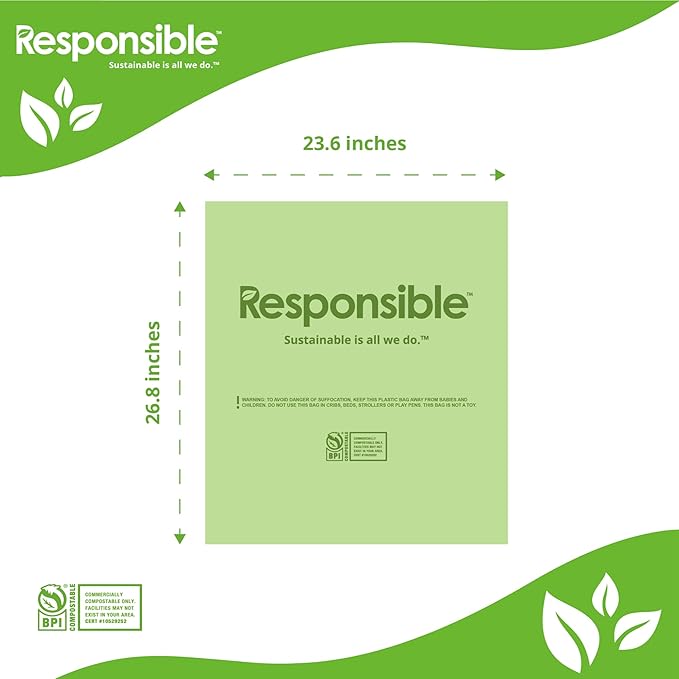 Responsible Products Kitchen Bin Liners, Certified Compostable, Heavy Duty Multipurpose Food Scrap Bags, Made from Compostable Materials (13 Gallon, 13 Gallon (15 Count))