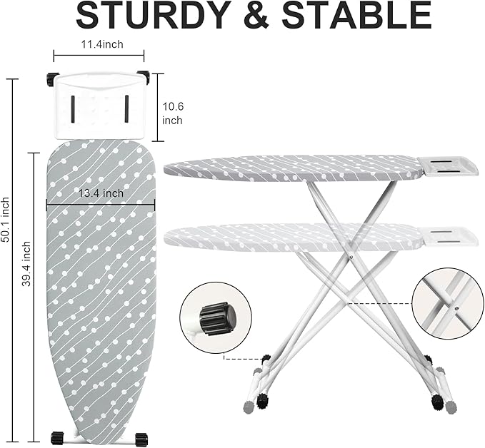 Ironing Board,Foldable Ironing Board Adjustable Height Compact Iron Board Thick Steel Tube Iron Board with Holder,Replacing Cloth Cover and Mini Handheld Gloves(Blue Dots)