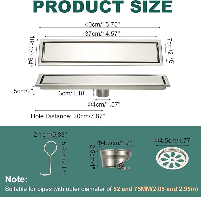 uxcell Rectangular Shower Drain, Brushed 304 Stainless Steel Odor-Proof Floor Drain Linear Shower Drain Hair Catcher for Bathroom Kitchen and Laundry Room(16 Inch, Bright Silver)