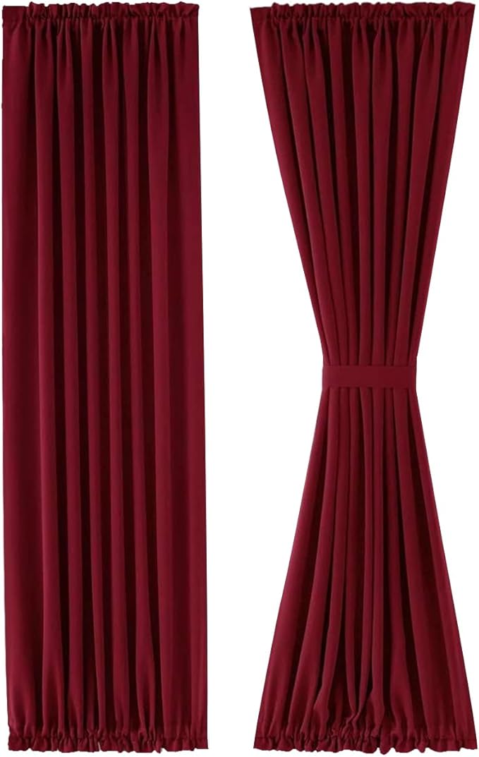 DWCN French Door Curtains - Rod Pocket Thermal Blackout Curtain for Doors with Glass Window, Kitchen and Patio Doors for Privacy, 23 X 72 Inches Long, 1 Curtain Panel with Tieback, Burgundy