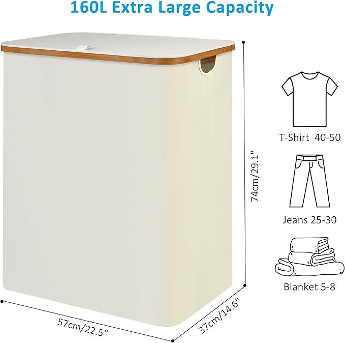 efluky Laundry Hamper with Lid, 160L Tall Laundry Basket with Bamboo Handles for Clothes and Toys, Collapsible Laundry Hamper with 2 Inner Bags for Bedroom and Bathroom, Beige