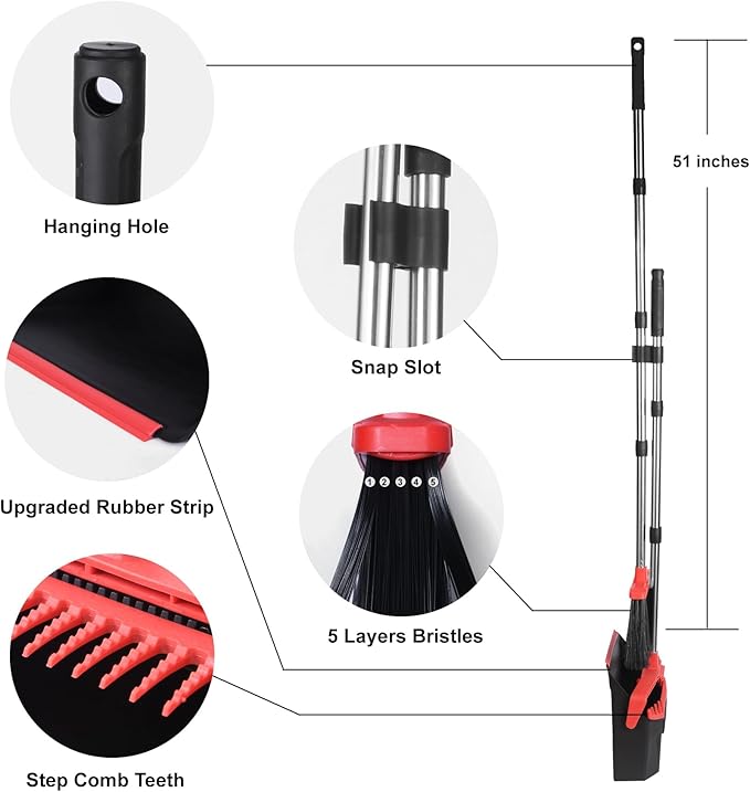 Upgrade Broom with Dustpan Combo Set, Broom and Dustpan Set with 51'' Long Handle, Dust Pan and Brooms, ZeroGap Lip, Self-Cleaning Dustpans Teeth for Lobby Kitchen Restaurant - Black and Red
