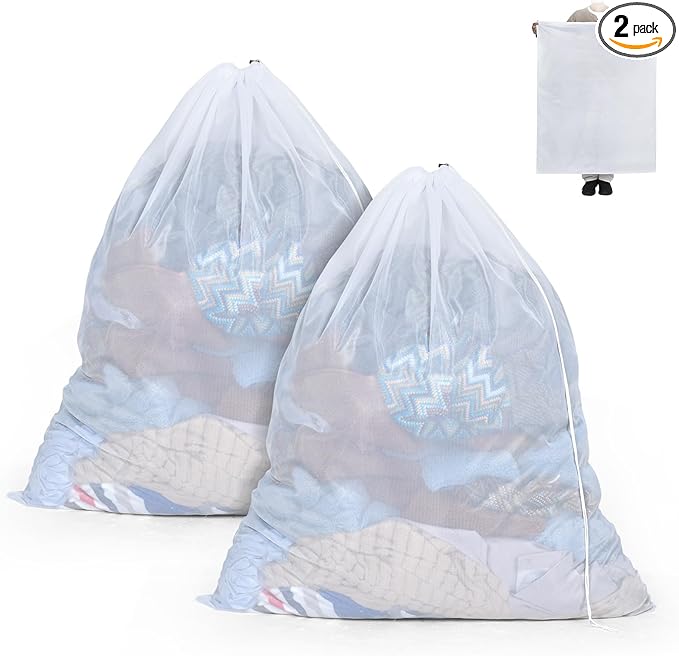 OTraki Large Mesh Laundry Bag 36 x 43 Inch Drawstring Laundry Wash Bags, 2 Pack Dirty Clothes Net Laundry Bag Heavy Duty Travel Storage Organize Bag for Home Apartment Dorm Camp Hotel Beach, White
