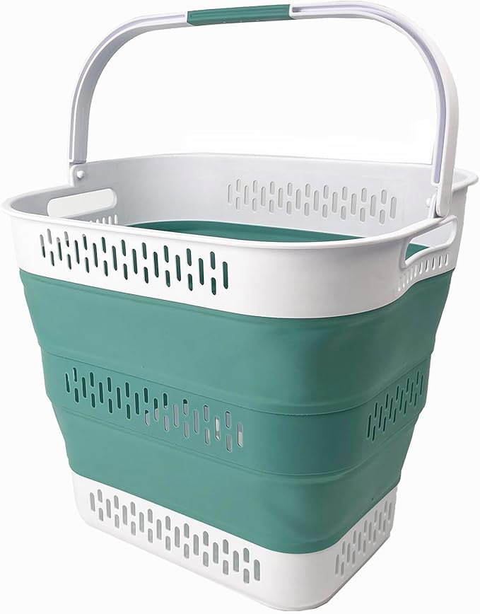 SAMMART 40L (10.5 Gallon) Collapsible Plastic Laundry Basket with Handles - Foldable Pop Up Storage Container/Organizer - Portable Laundry Hamper - Space Saving (1, White/Celadon Green)