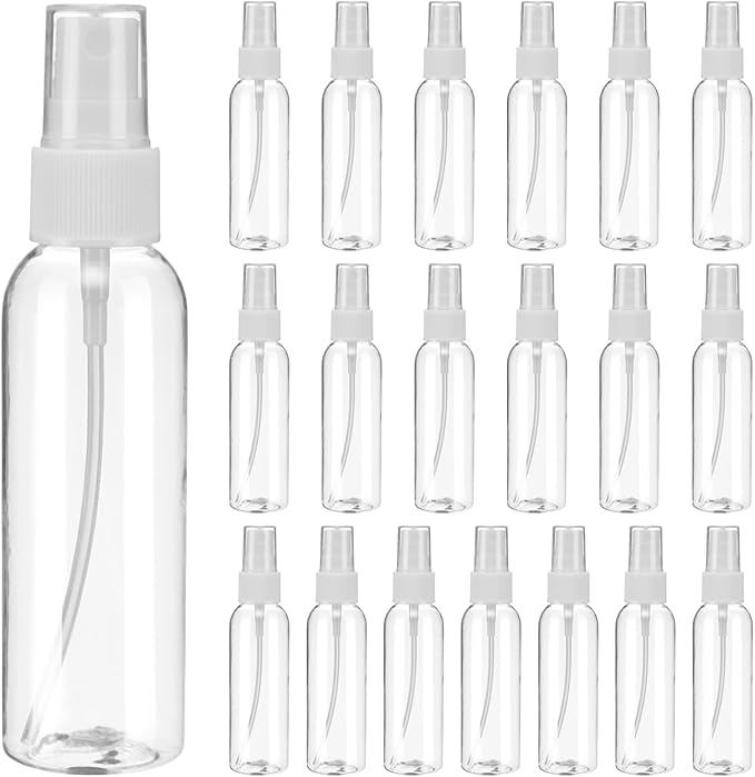 uxcell 20Pack Spray Bottles, 2Oz/60ML Clear Empty Mist Plastic Mini Travel Bottle Set,Small Refillable Liquid Containers for Household Use, Essential Oil, Cleaning (Transparent White)