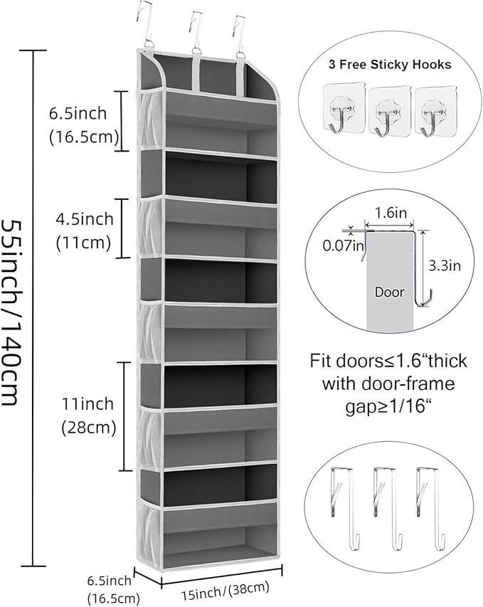 2 Pack Over The Door Storage Organizer with 5 Pockets 10 Mesh Side Pockets, 44 lbs Weight Capacity Door Hanging Organizers and Storage for Bedroom,Bathroom,Nursery,Pantry,Dorm(Dark Gray)