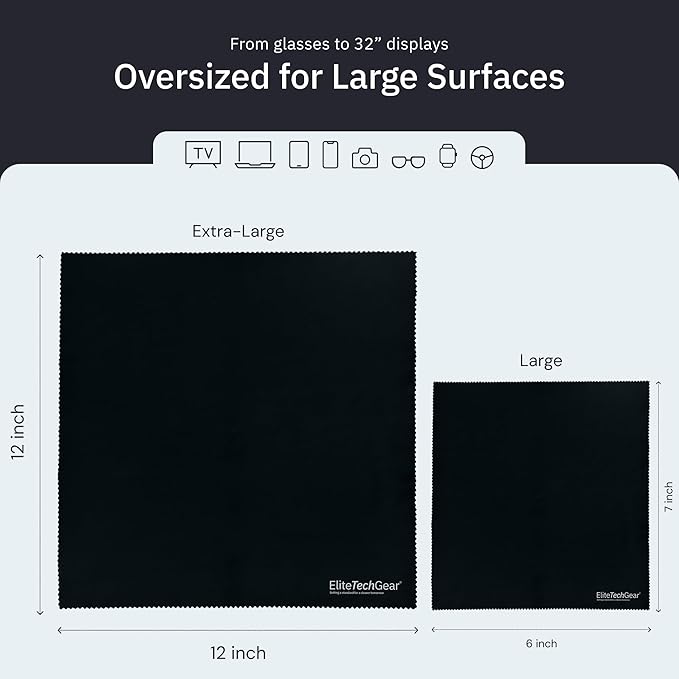 Elite Screens Microfiber Cleaning Cloth for Glasses & Electronics - 12" x 12", Pack of 4, Black - Lens Wipes, Eyeglass Cleaning Wipes & Lens Cloth for Smudge-Free Screens