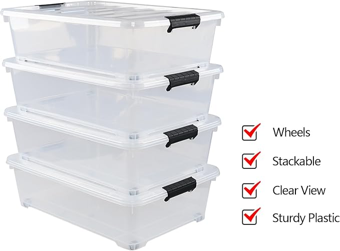 25 L Plastic Sturdy Rolling Under Bed Storage Container Bins, Clear Underbed Storage with Latching Lid and Wheels, 4 Packs