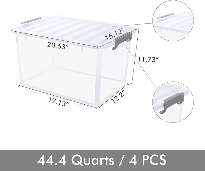 Citylife 44.4 QT Plastic Storage Bins with Latching Lids Stackable Storage Containers for Organizing Large Clear Storage Box for Garage, Closet, Kitchen, 4 Packs