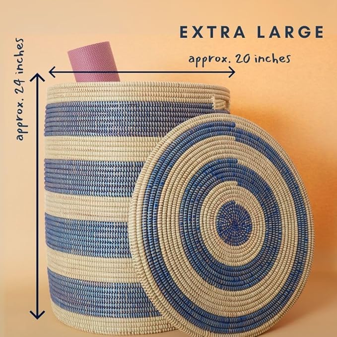 Storage & Organization - Laundry Basket, Bedroom Hamper, Nursery Toys Bin, Living Room Blankets Storage, Decorative, Wicker, Sturdy, Round, Handles, Woven, Blue Beige (Small)