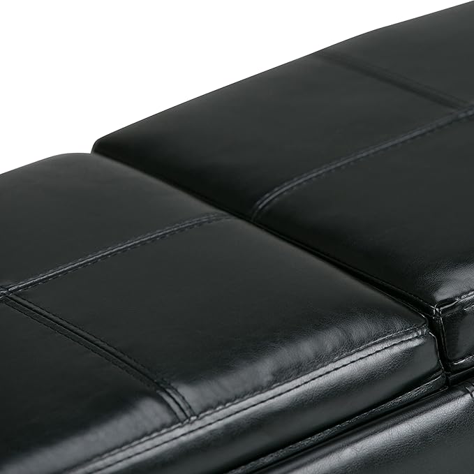 SIMPLIHOME Avalon 42 inch Wide Contemporary Rectangle Storage Ottoman in Midnight Black Vegan Faux Leather, Assembled, For the Living Room, Entryway and Family Room