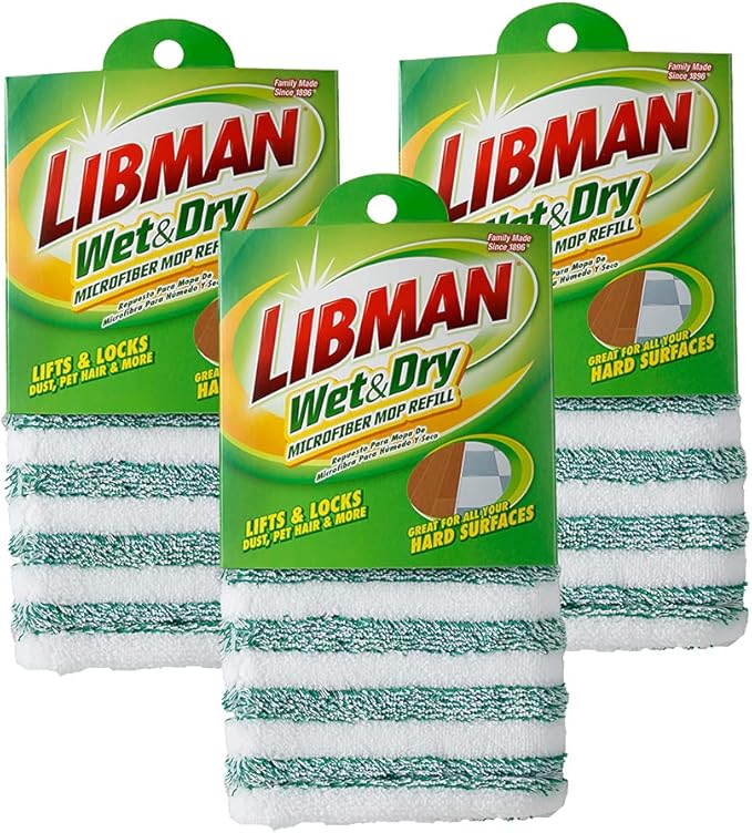 Libman Wet & Dry Microfiber Mop Refills | Dust Mop for Hardwood Floors | Wall Mop | Mops for Floor Cleaning | 3 Total Microfiber Mop Pads Included 10.5 in. x 6.5 in, Green & White