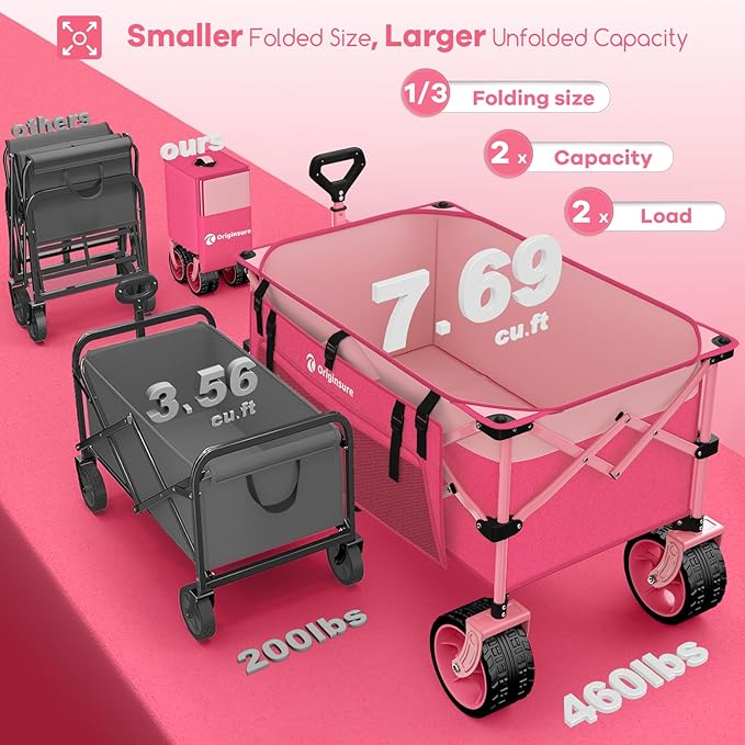 220L Collapsible Wagon Cart Foldable, 460lbs Load Capacity Heavy Duty Folding Beach Wagons with Big All-Terrain Wheels, Utility Carts for Groceries, Camping, Sports - Pink