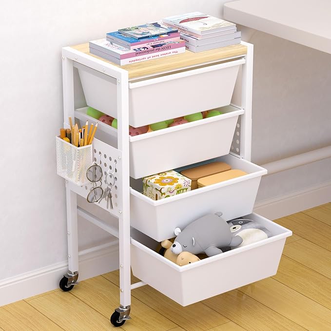 Rolling Cart with Drawers, Rolling Storage Cart with 4 Large Plastic Drawers & Wooden Tabletop, Utility Cart with Pegboards & Basket, Storage Drawers Cart for Living Room, Classroom, Bedroom, Office