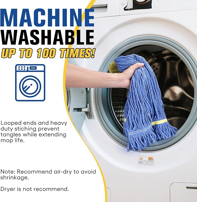 Matthew Cleaning Commercial Mop Head Replacement, 5 Inch Wide Headband, Looped End Cotton Blend String Wet Mops for Floor Cleaning, 24 oz Large, 1-Pack Blue