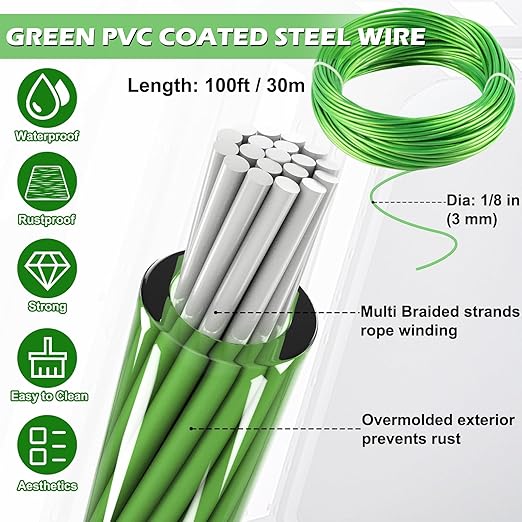 Turnbuckles for Cables Wire, 1/8" X 100Ft Green PVC Coated Wire Rope Kit, Multi-use Steel Cable for Grape Vines/Clothes Line Outdoors for T Post/String Light Hanging/Garden Cable