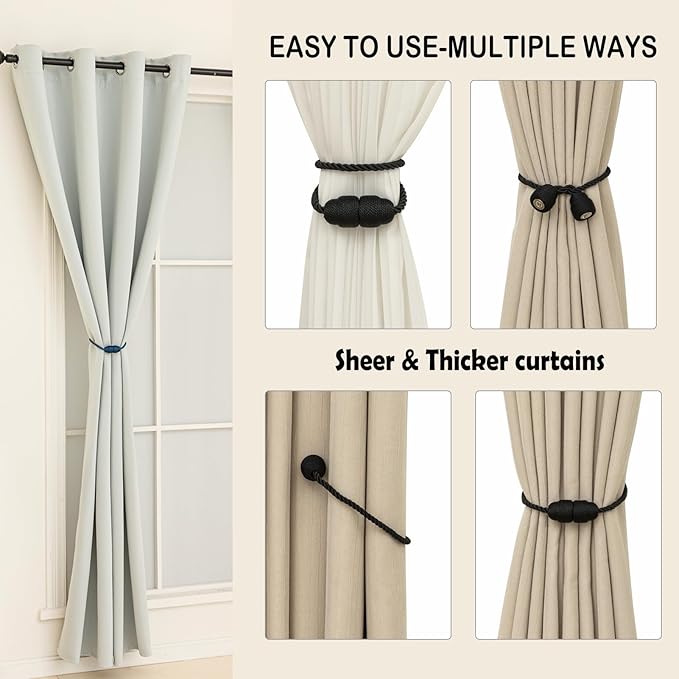 Magnetic Curtain Tiebacks Rope Curtain Tie Backs for Curtains 4 Pack Curtain Holders for Drapes Decorative Window Curtain Holdbacks, Black