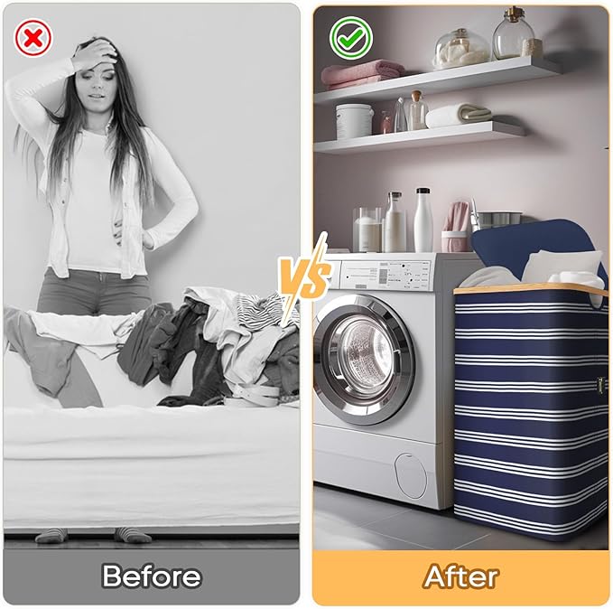 BALEINE Laundry Hamper with Lid, Tall Laundry Baskets with Bamboo Pull Handles, Large Laundry Bin with Internal Support (26 Gal/100L, Blue Pinstripe)