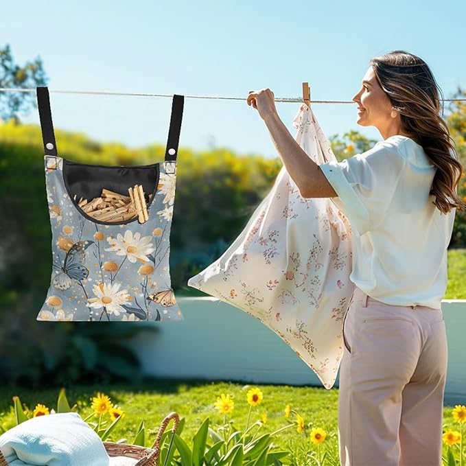 Butterfly Clothespin Bag with Hanging Rope 14.5 x 12 Inch Summer Waterproof Laundry Clothes Pin Holder Clothespin Storage Organizer with Large Opening for Home Outdoor