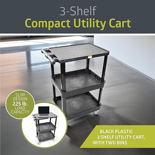Pearington 3-Shelf Multipurpose Mobile Utility Cart with 2 Bins and Lockable Wheels, Heavy-Duty Plastic Rolling Presentation Cart for Offices and Warehouses, Black