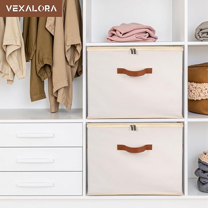 Shoe Organizer Box 2 Pack, Shoe Storage Organizer with Clear Cover, Adjustable Dividers Fits 16-32 Pairs, Fabric Shoe Organizer for Closet, Beige