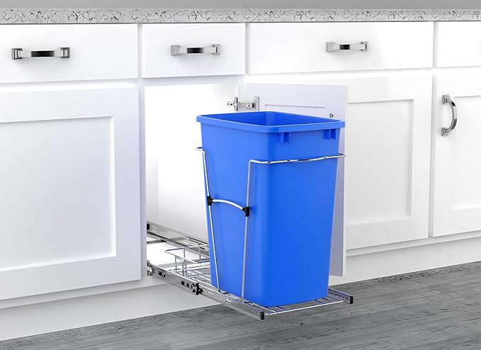 Rev-A-Shelf Pullout Trash Can for Under Kitchen Cabinets 35 Qt Garbage Waste Recyling Bin with Full Extension Slides, Blue, RV-12KD-22C-S
