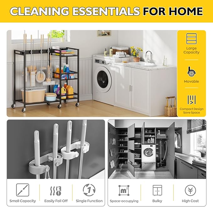 Broom Holder with Cleaning Supplies Organizer, Movable Broom Closet Storage Cabinet with Cleaning Caddy, Cleaning Cart with Mop Rack, Janitorial Housekeeping Cart on Wheels, Laundry Room Organization