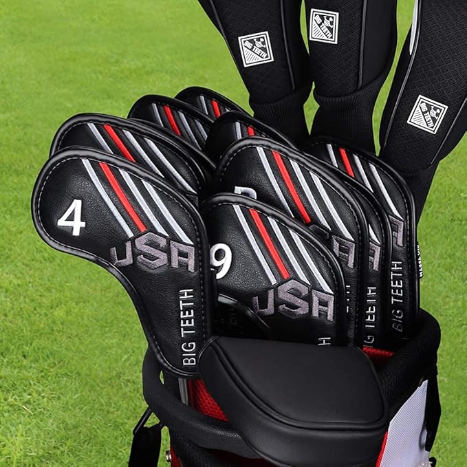 Big Teeth Golf Cover USA Stripe and Star Headcover Covers, Driver Fairway Wood Hybrid Headcovers Fits Blade Mallet Putter Iron and Woods with Magnetic Club Protector Pu Leather Golf Accessories