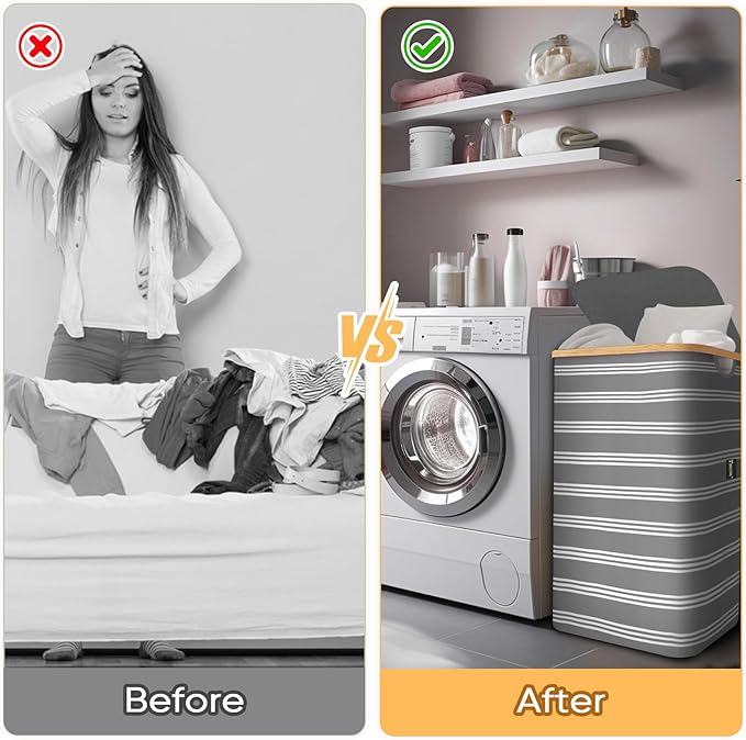 BALEINE Laundry Hamper with Lid, Tall Laundry Baskets with Bamboo Pull Handles, Large Laundry Bin with Internal Support (26 Gal/100L, Grey Pinstripe)
