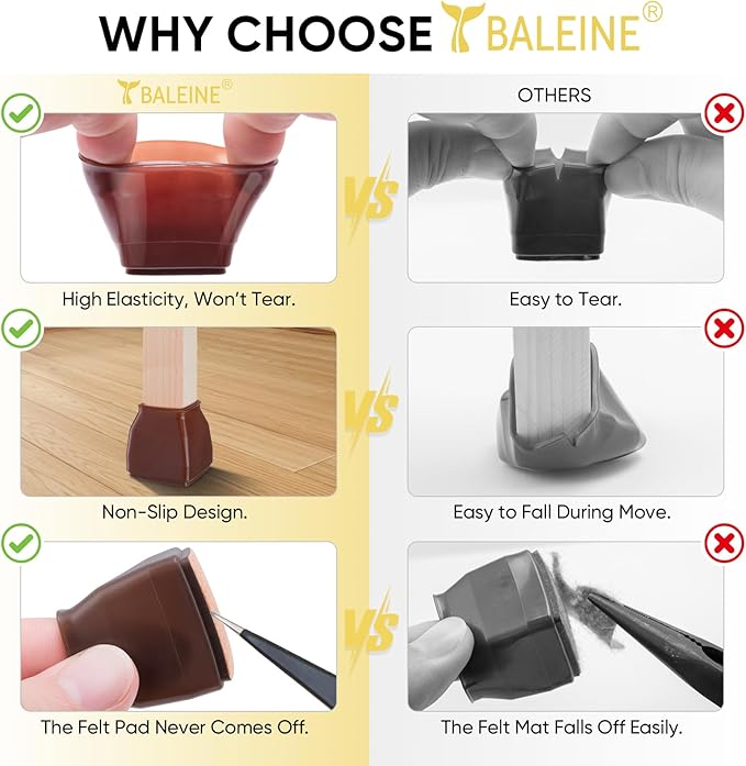 BALEINE 16 Pack Silicone Chair Leg Floor Protectors, Stool Leg Protectors Cap, Non-Slip Chair Leg Caps for Hardwood Floors (Brown & Large (Square), 16 Pack)