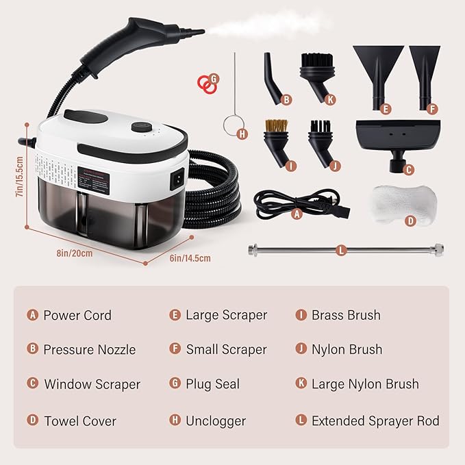 Lamberia 2500W Handheld Pressurized Steam Cleaner with 12pcs Accessories, 1400ml 1.5 Quarts Tank, 3-Level Adjustable Portable Steamer, 15s Heat-Up Steam Cleaner for Home, Car, Kitchen(White, US Plug)
