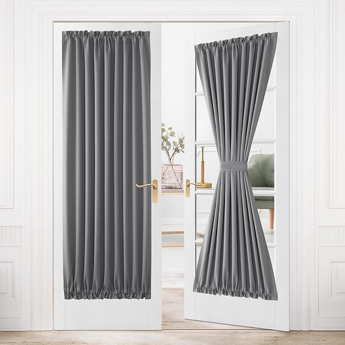 DWCN French Door Curtains – Rod Pocket Thermal Blackout Curtain for Doors with Glass Window, Kitchen and Patio Doors for Privacy, 36 X 80 Inches Long, 1 Curtain Panel with Tieback, Grey