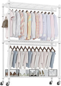 Homdox 3 Tier Heavy Duty Garment Rack with Wheels, Adjustable Wire Clothes Rack with Double Hanging Rods, Portable Closets for Hanging Clothes with Side Hooks, White