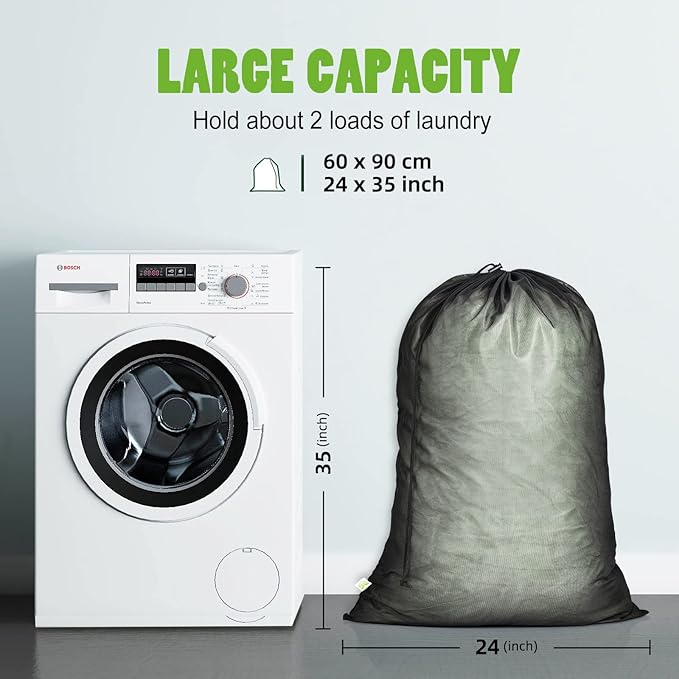 OTraki 2 Pack Large Laundry Bags 24 x 35 inch Mesh Washing Bag with Drawstring Closure Black Dirty Garment Toy Storage Bag Washable Laundry Hamper Replacement Liner for Home Dorm Hotel Beach