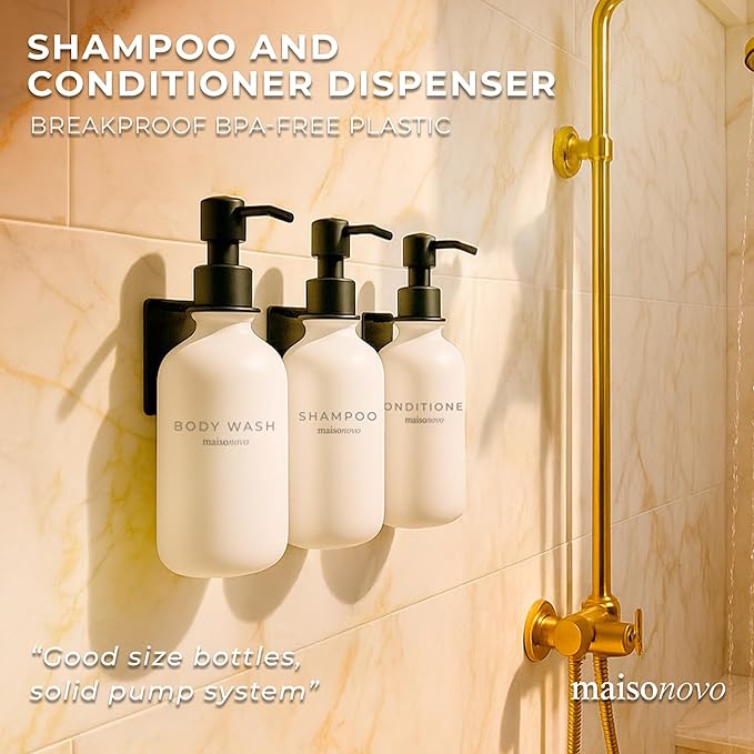 MaisoNovo Shampoo and Conditioner Dispenser - Shower Soap Dispenser Wall Mounted - 16.9 fl oz Set of 3 White Plastic Bottles Black Pump - 3 Chamber No Drill